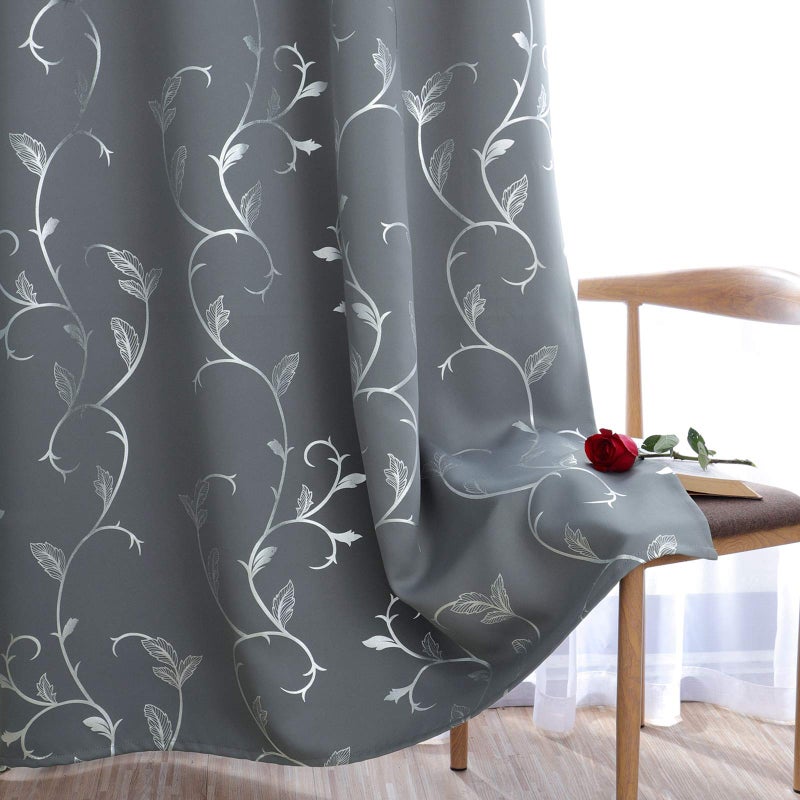BUHUA Striped Blackout Curtains Grommet Top Wave Vine Pattern Room Darkening Curtains for Patio Door 52Wx84L Light Grey 2 Panels - Image 4